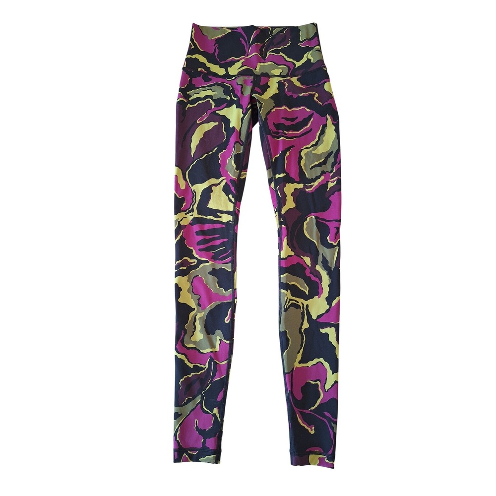 Lululemon High Rise Leggings Abstract Camo Floral Magenta Lime Green Size 6